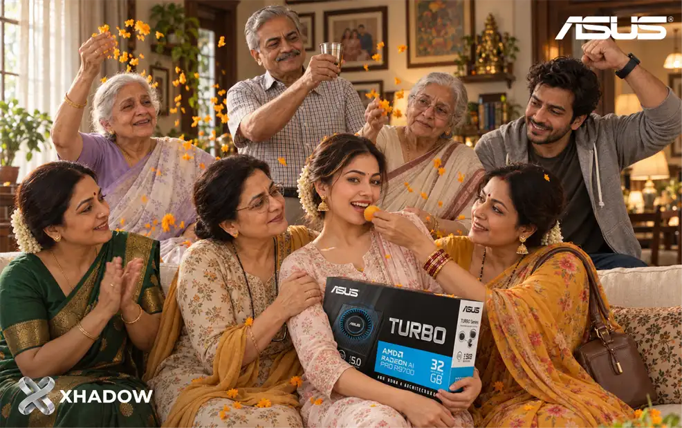 Sanvii and her family with the ASUS Turbo Radeon AI PRO R9700 in the AI ad film Rishta